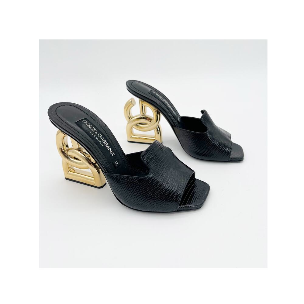 Dolce & Gabbana Keira Black Lizard Embossed Gold DG Sculpted Heel Mules IT 37